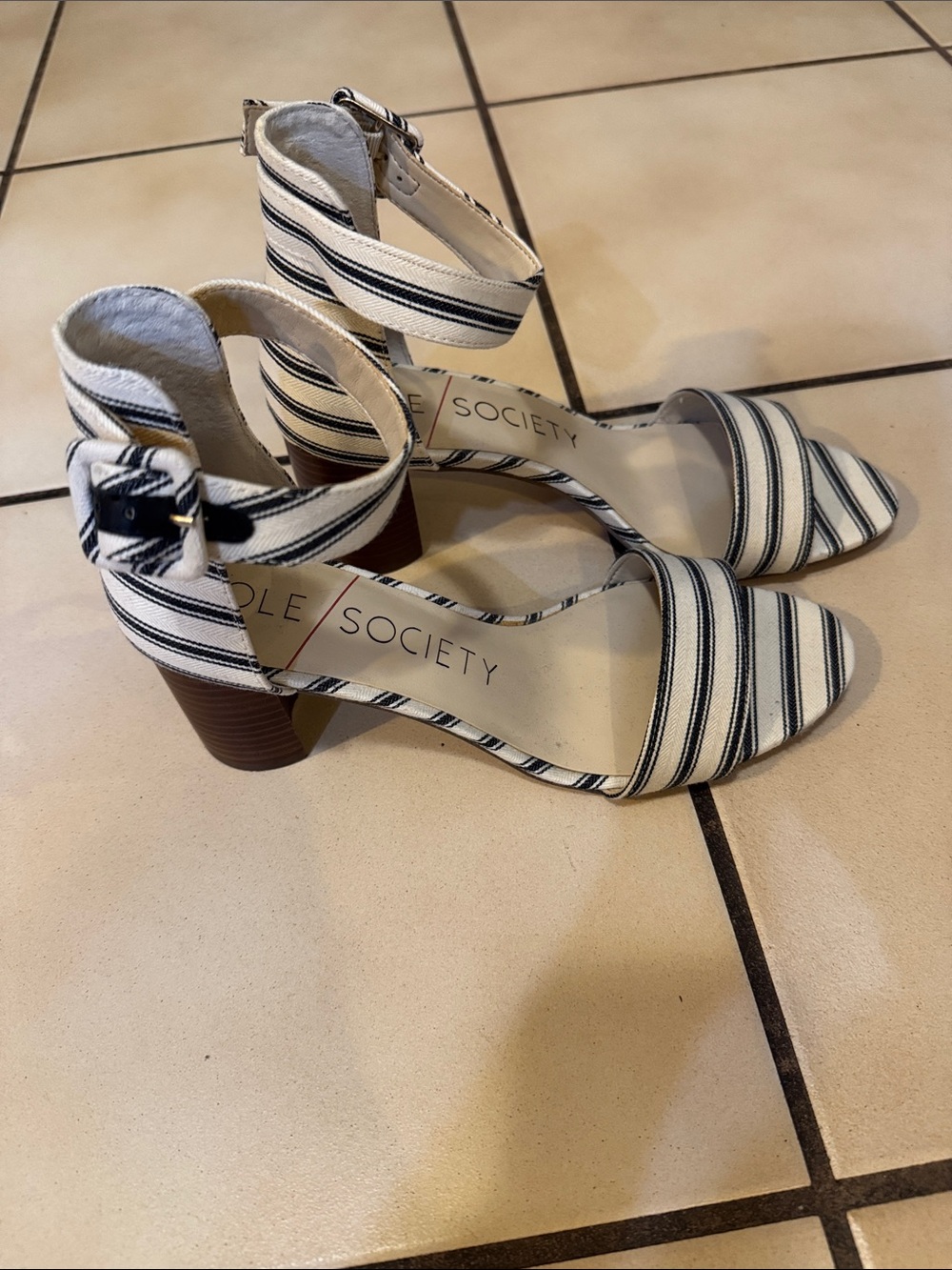 Sole Society Blue and White Striped Ankle-Strap Block Heels